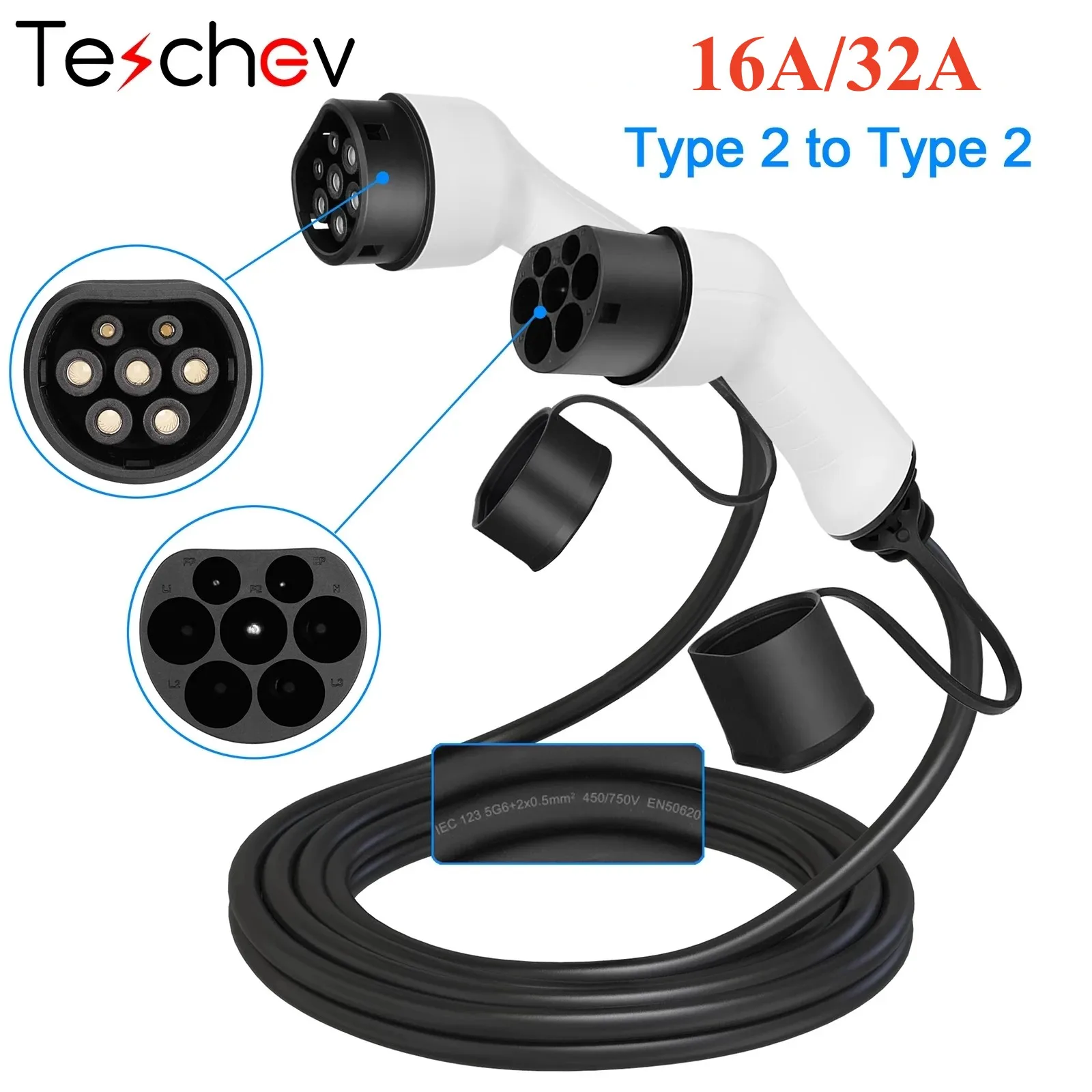 

Teschev Electric car charger EV charging cable 16A/32A single-phase three-phase 11kw IEC62196 EVSE kit