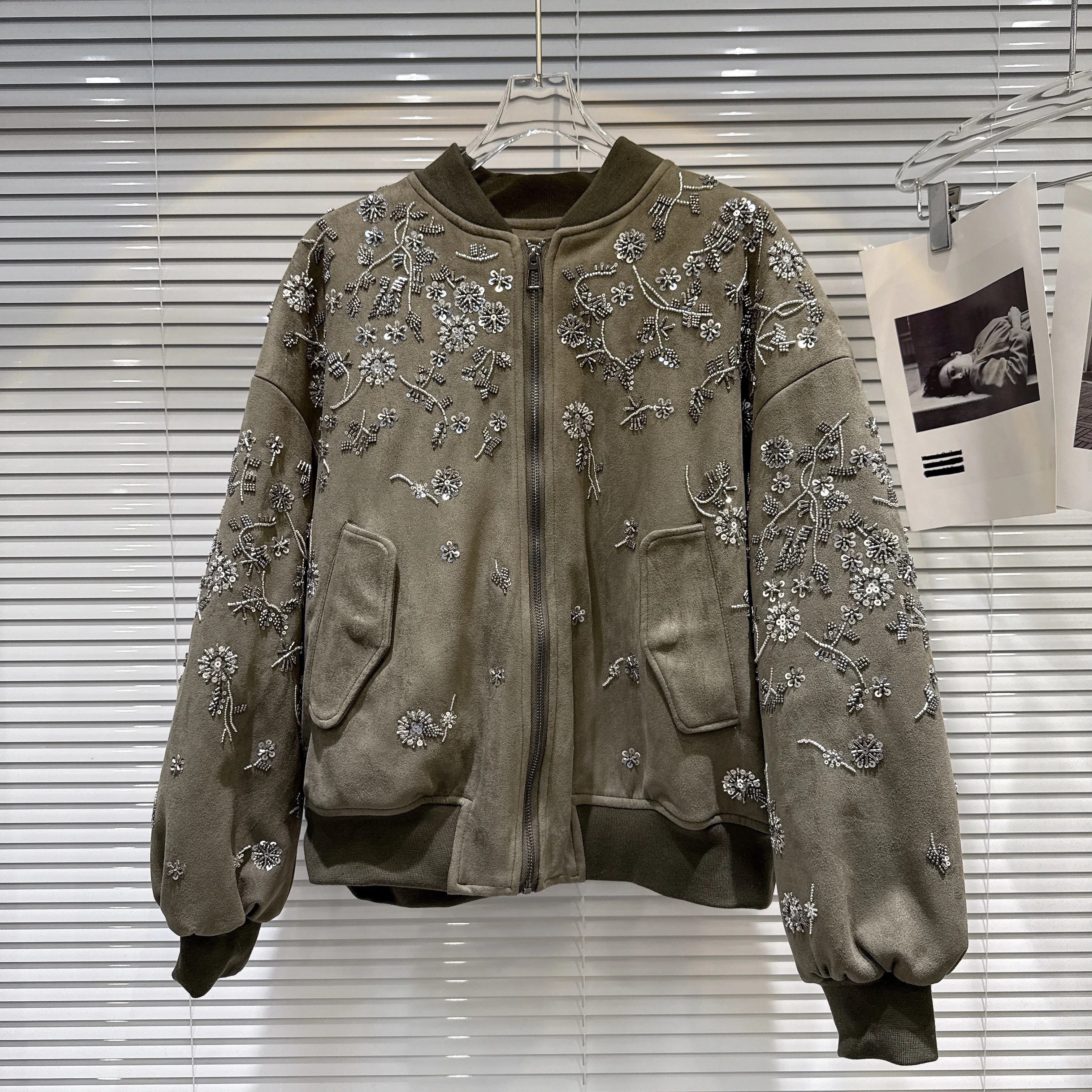 Vintage bordado miçangas camurça feminino algodão-acolchoado casaco oversize gola zip jaqueta de beisebol manga longa casacos acolchoados