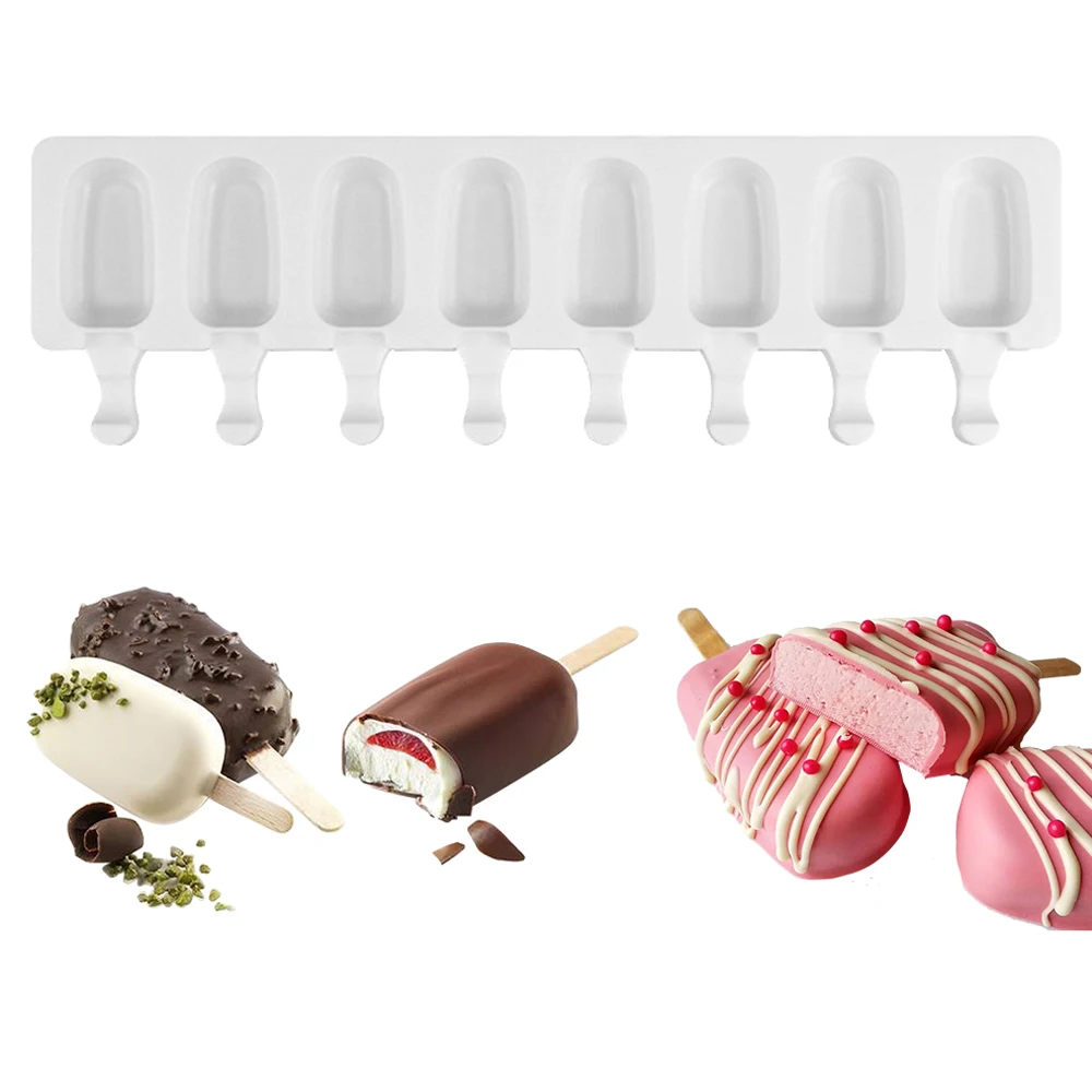 SILIKOLOVE 8 Cavity Ice Cream Mold Silicone Popsicle Molds Chocolate Sandwich Ice Cream Tray with Popsicle Sticks