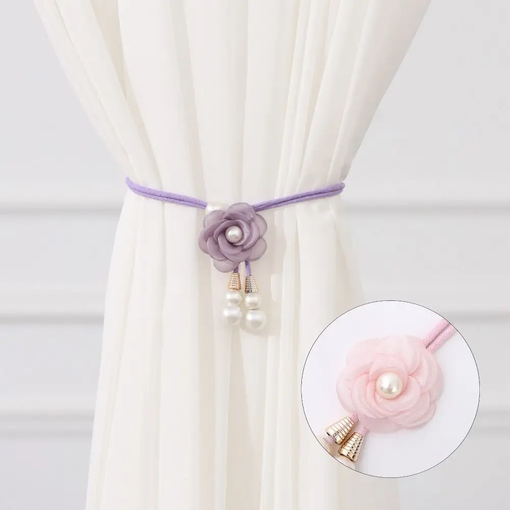 2Pcs Modern Floral Curtain Tiebacks Pearl Adjustable Curtain Ties Minimalist 3D Flower Camellia Curtain Tiebacks
