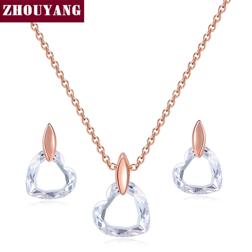 ZHOUYANG Jewelry Set For Women OL Lady Love Heart Clear Crystal Rose Gold Color Necklace Earring Gift Fashion Jewelry S253