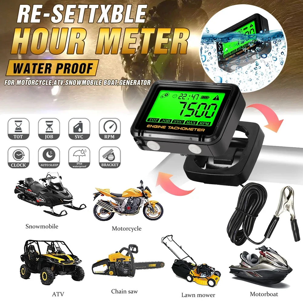 Alligator Clip Inductive Digital Hour Tachometer with Clock RPM Counter Inductive Hour Meter Small Engine Tachometer