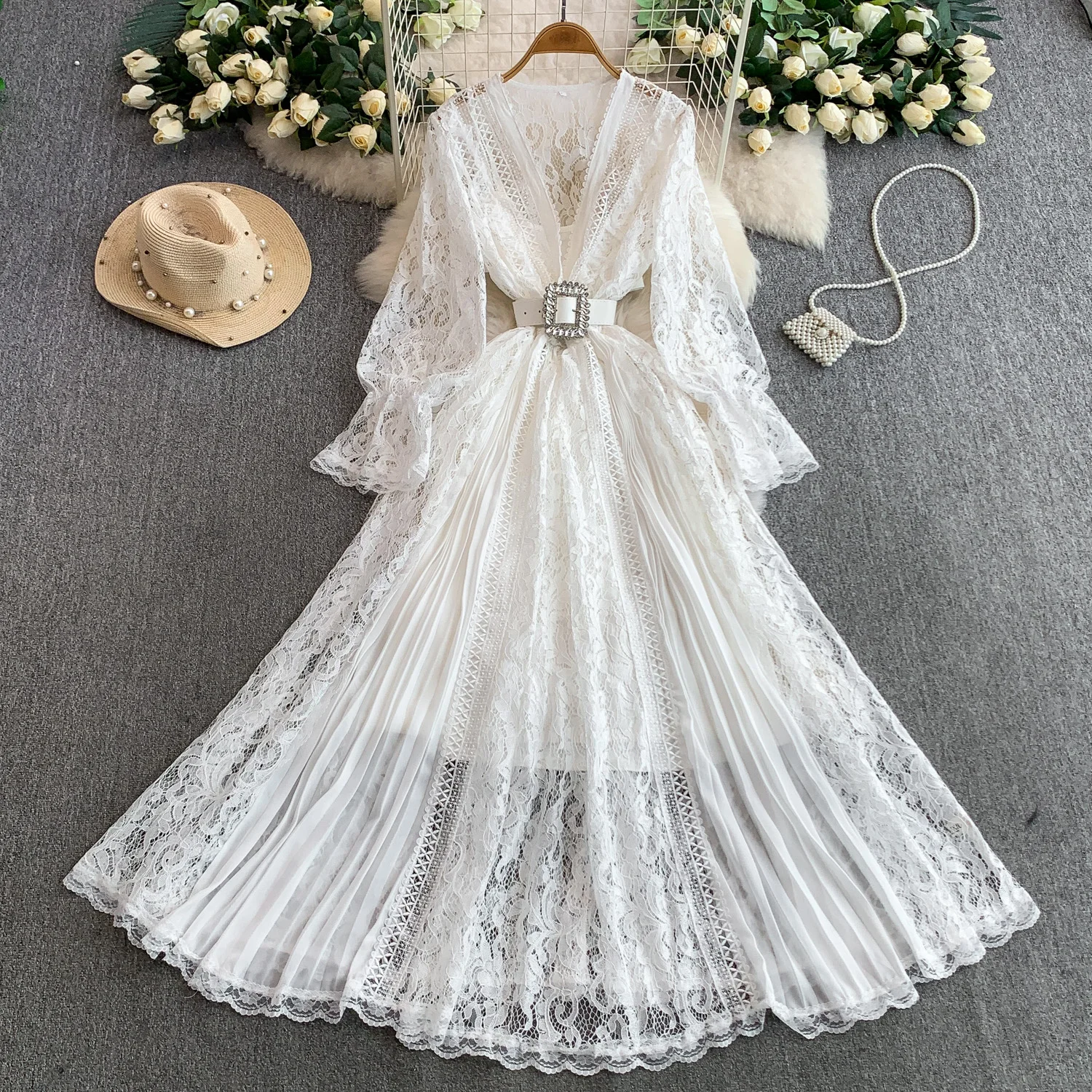 Abito vintage chic a maniche lunghe con scollo a V Elegante fata moda coreana Boho Sundress abbigliamento donna