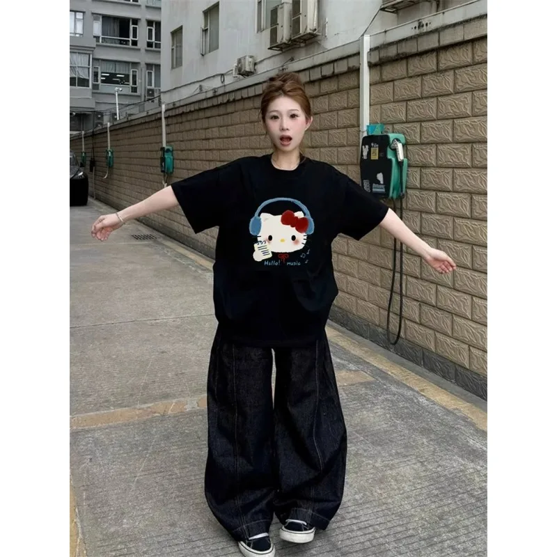 

Женская футболка с короткими рукавами HelloKitty с 3D принтом, новинка 2025, летняя американская свободная быстросохнущая футболка, тренд
