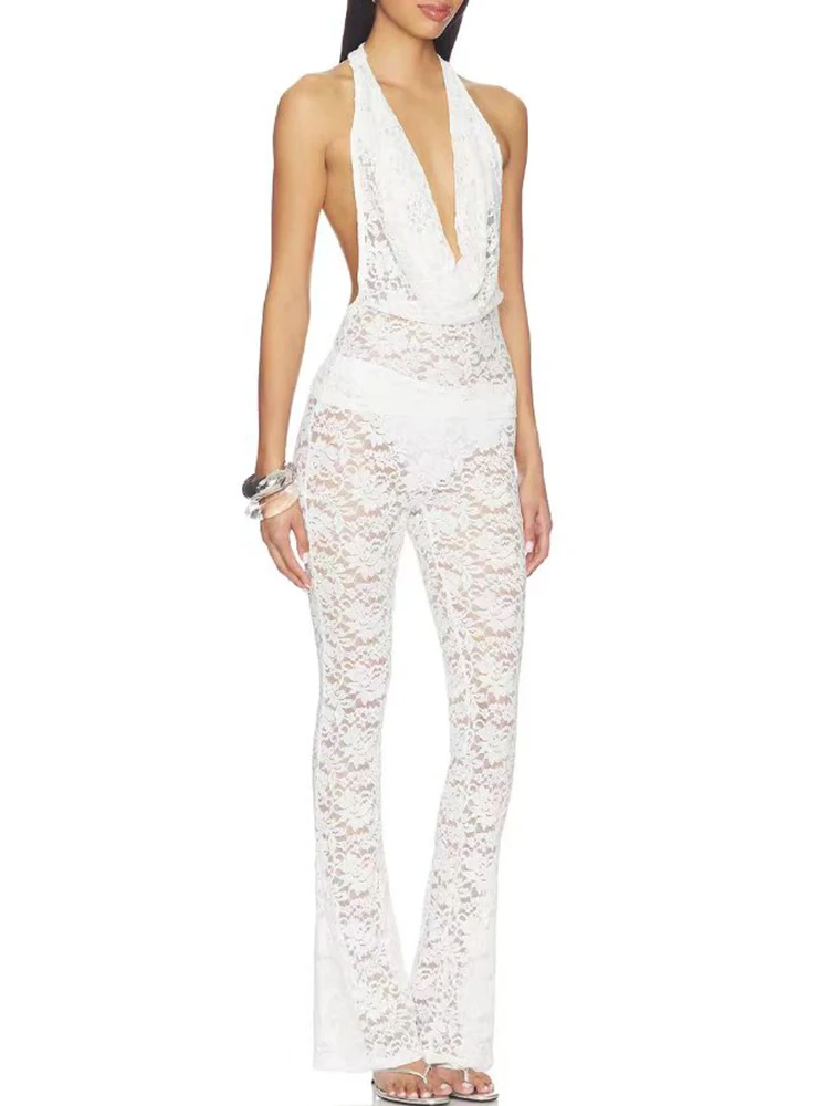 Designer sexy sleeveless halterneck lace top two-piece set 2026 summer women's wear + see-through lace bell-bottom suit