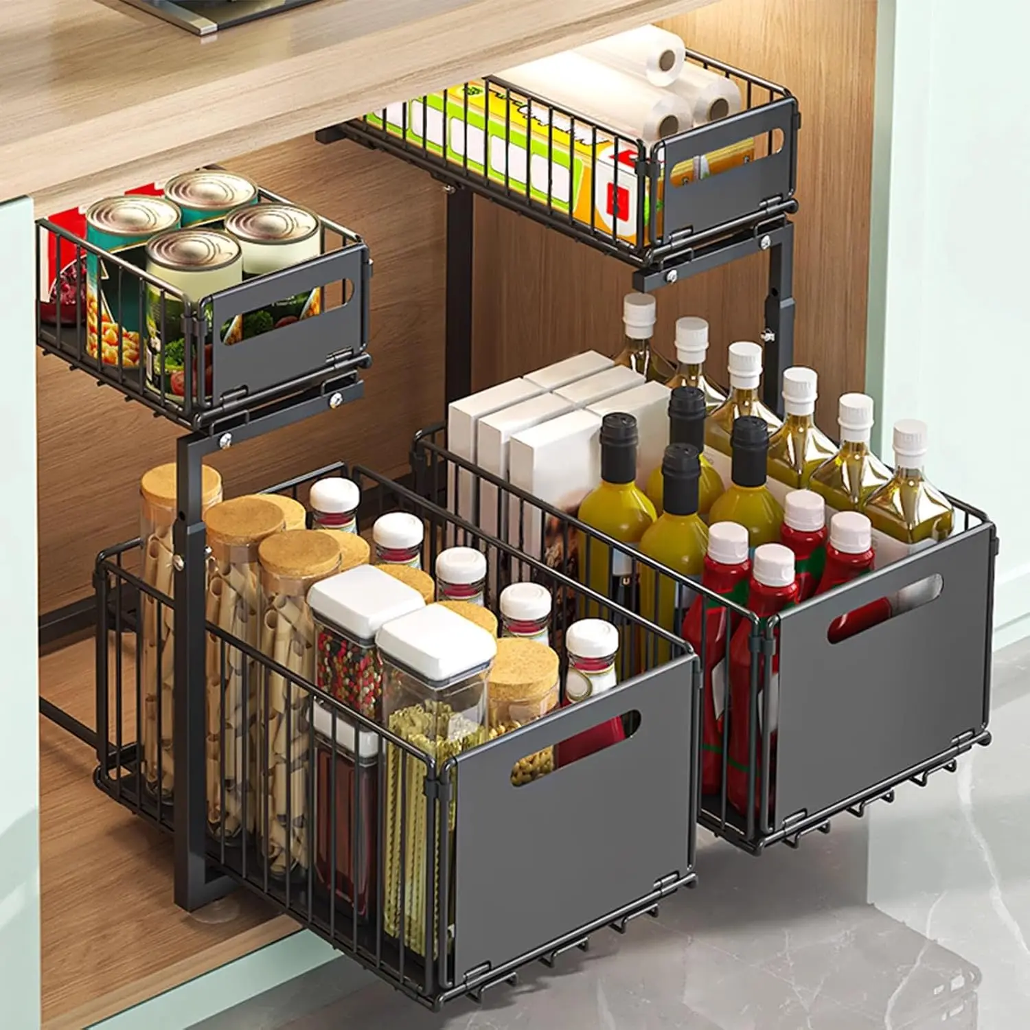 Under-sink storage, height-adjustable, pull-out under-sink organizer, organizer with sliding mesh drawers, 2-tier pull-out metal shelf, kitchen cabinet shelf