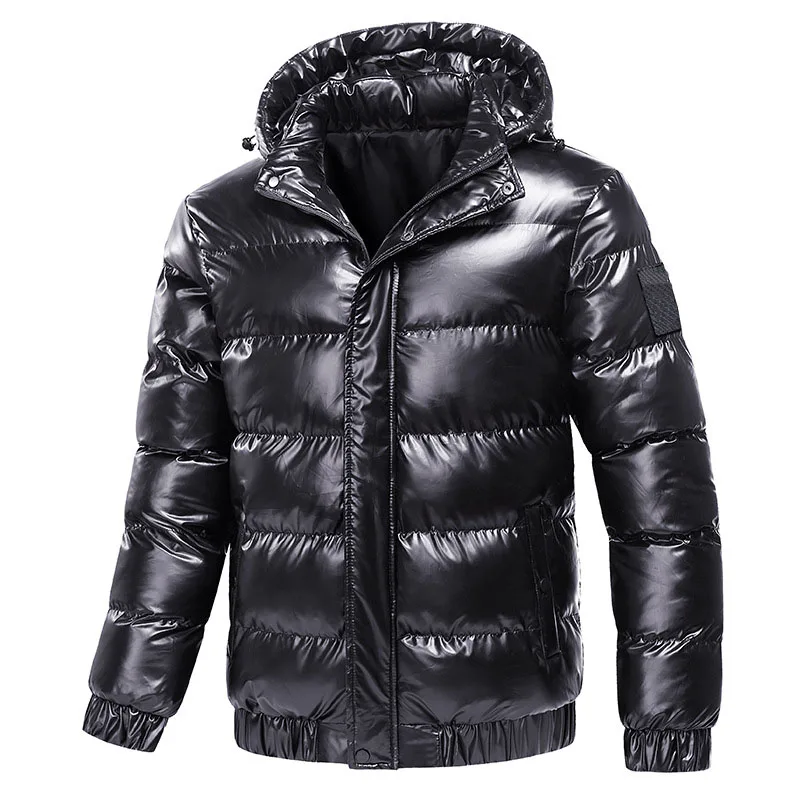 Abrigo de invierno plateado brillante para hombre, chaqueta acolchada de algodón gruesa y cálida con capucha a la moda, Parkas para hombre joven de Color sólido, prendas de vestir MY308