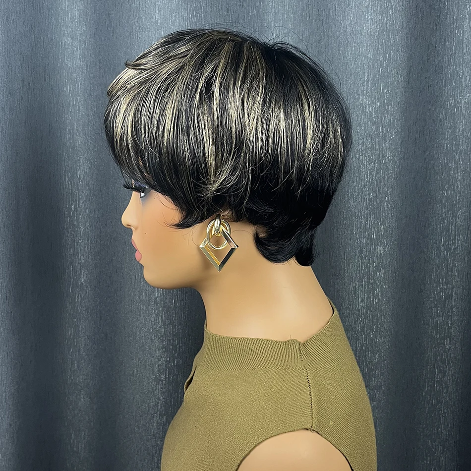 باروكات شعر بشري مفرود قصير للنساء ذوات البشرة السمراء، تسليط الضوء على شعر مستعار أومبير بيكسي بوب بطبقات مع الانفجارات شعر ريمي برازيلي مصنوع آليًا