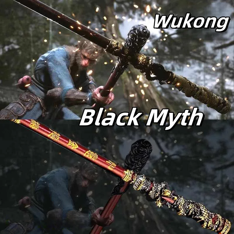 70in Sun Wukong Inspired Golden Staff PU Black Myth Weapon Cudgel Real Full Size Japanese Katana Samurai Sword Cosplay Accessory