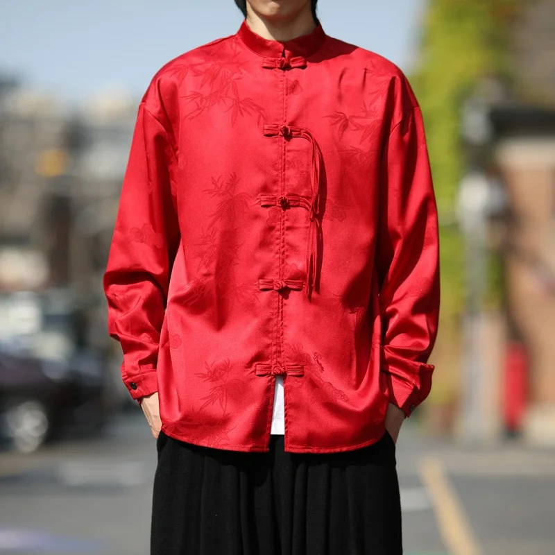 

Новый китайский Sle Long Sve irt, мужской весенне-осенний цветочный вышивка, ретро пуговицы Hanfu, большой размер irt Jaet