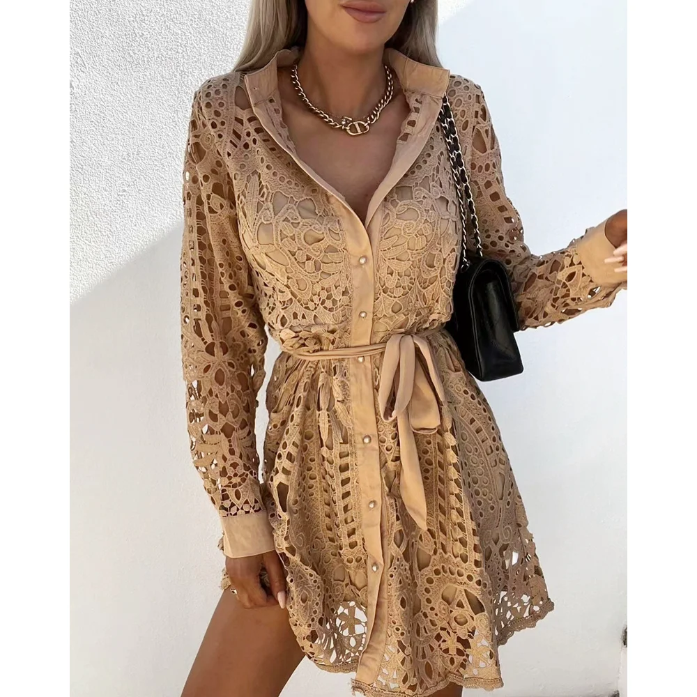 

‌2025 Summer Lace Hollow Out Long Sleeve Ruched Button Shirt Dress Casual Slim Waist Midi Dress With Belt