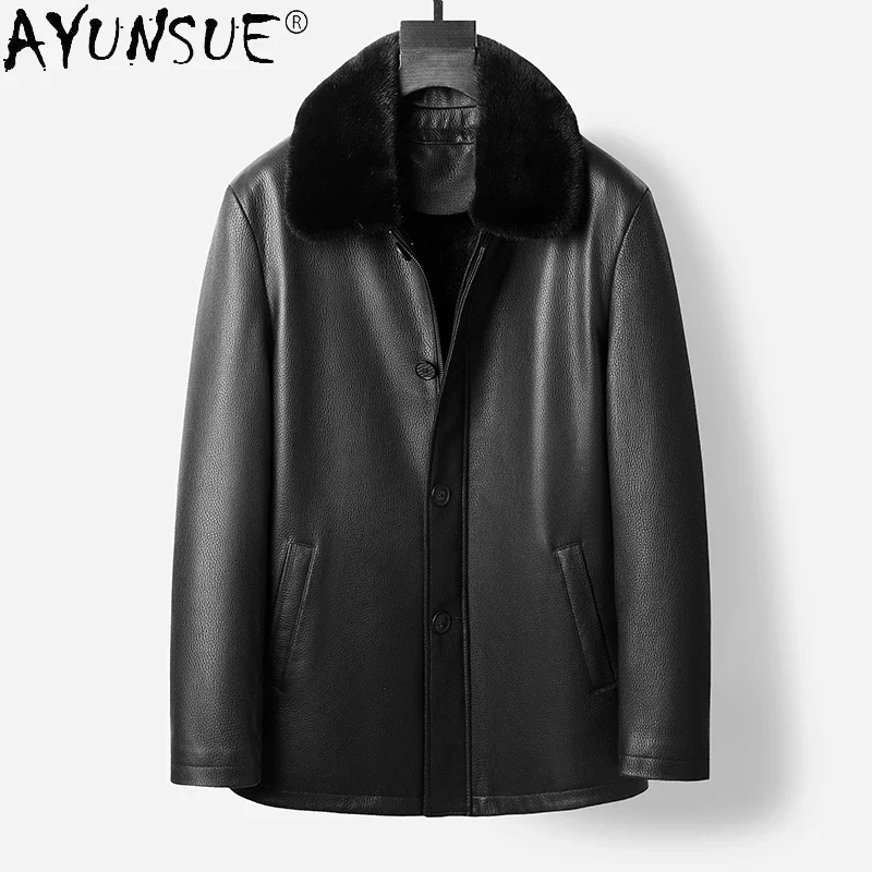 

AYUNSUE High Quality Genuine Leather Jacket Men Detachable Mink Fur Liner Real Goatskin Jackets 2023 Winter Warm Mens Fur Coat