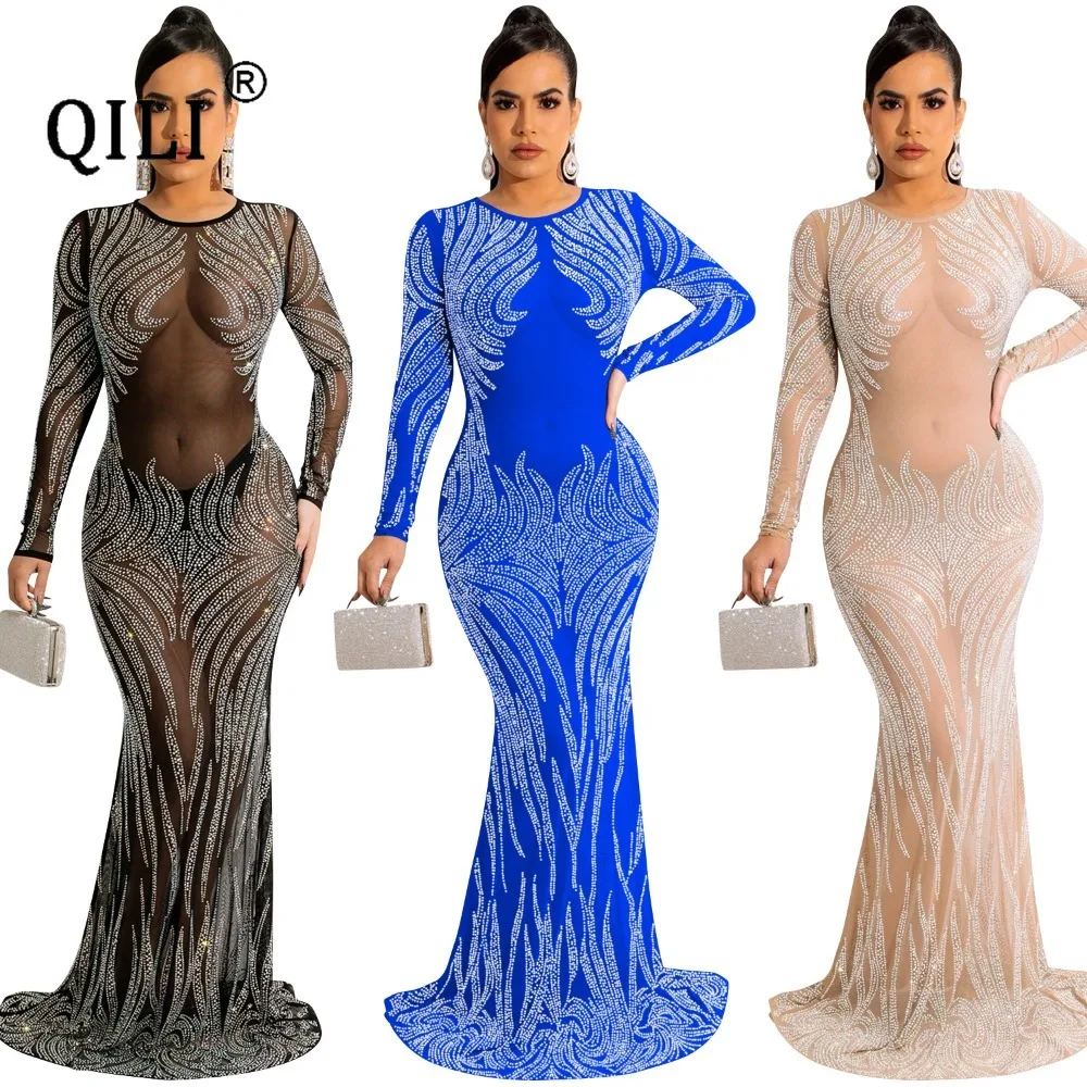 

QILI-Long Sleeve See Through Maxi Rhinestone Dress for Women, Sexy Nightclub Style, Mesh, Perspective