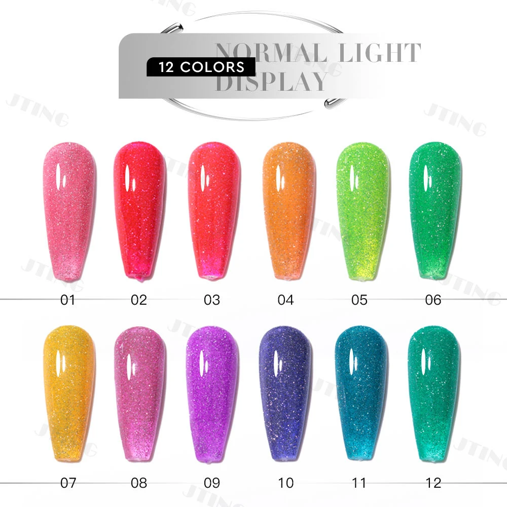 JTING 1個 15ml 12色 バーストフラッシング 超キラキラ ネオン 反射ジェルポリッシュセット スパークリーディスコダイヤモンドジェルネイルポリッシュ