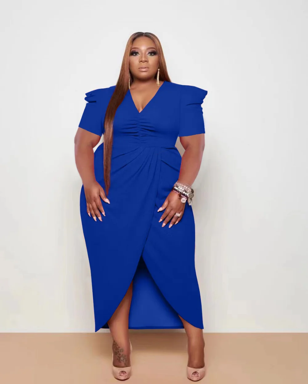 Plus Size Dresses Summer V Neck Short Sleeve Split Ankle Length Dress Casual Elegant Vintage Women Clothings Club Party Robes