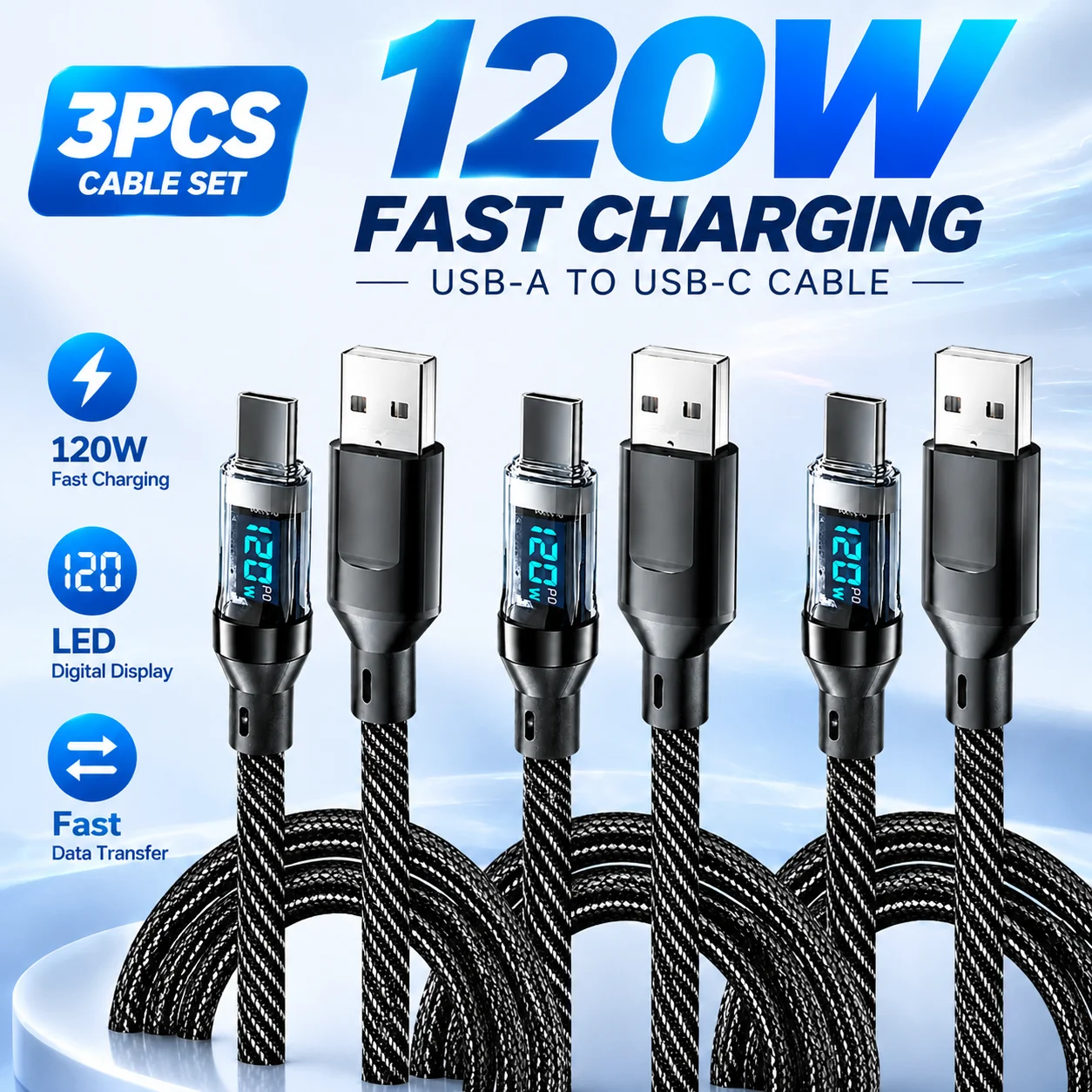 3 Stück Schnellladekabel 120W USB A auf Typ C & 100W Typ C auf Typ C Ladekabel mit LED-Digitalanzeige Lade- und Datenkabel