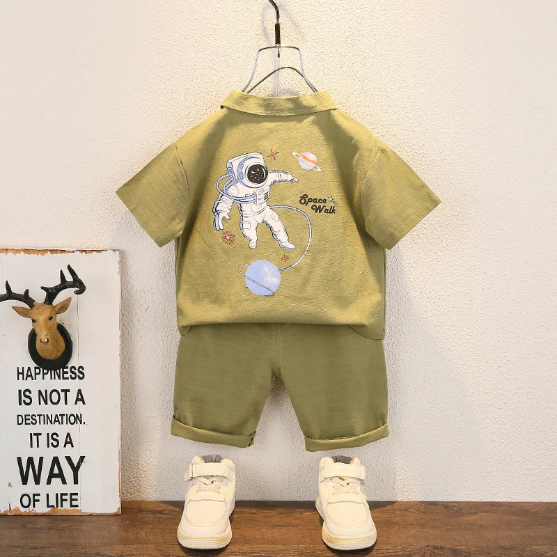 Children's set Boys and girls solid color small astronaut pocket shirt short sleeve shorts summer fashion two-piece set