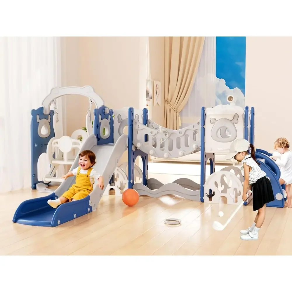 

All-in-One Toddler Slide and Swing Set for Ages 1+, Outdoor Play Equipment with Golf Set, Basketball, and Ding Board (Blue)