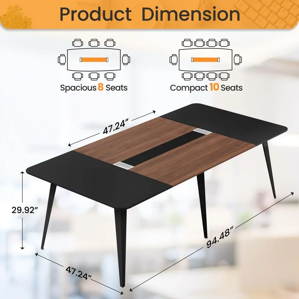 

8FT Conference Table, 94.48 Meeting Seminar Table with Cable Grommets, Boardroom Table Workstation for Meeting Room, Office Con