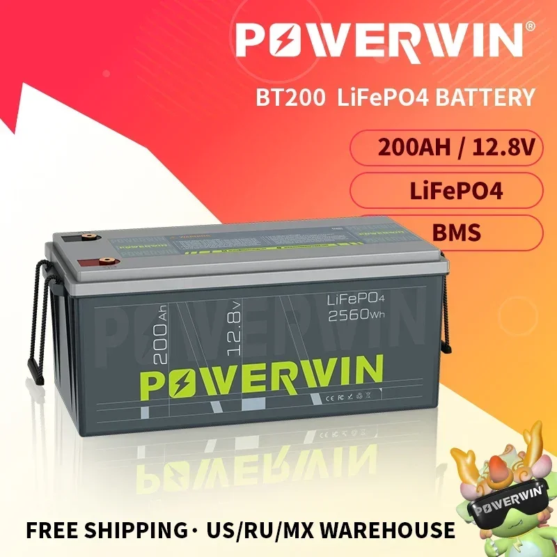 POWERWIN BT200 12.8V 200Ah LiFePO4 Battery 2560Wh GradeA Cell Rechargeable Solar Power Built-in BMS 4000+ Deep Cycle Inverter RV