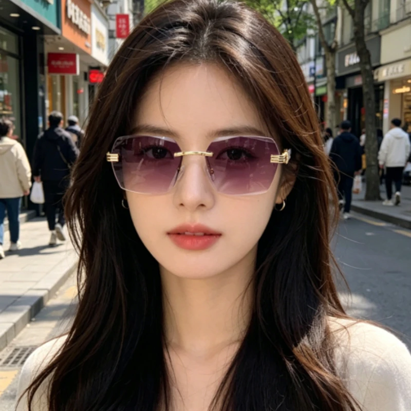

Rimless Sunglasses Rectangle Fashion Popular Women Shades Small Square Sun Glasses for Female Male Summer Traveling Q's