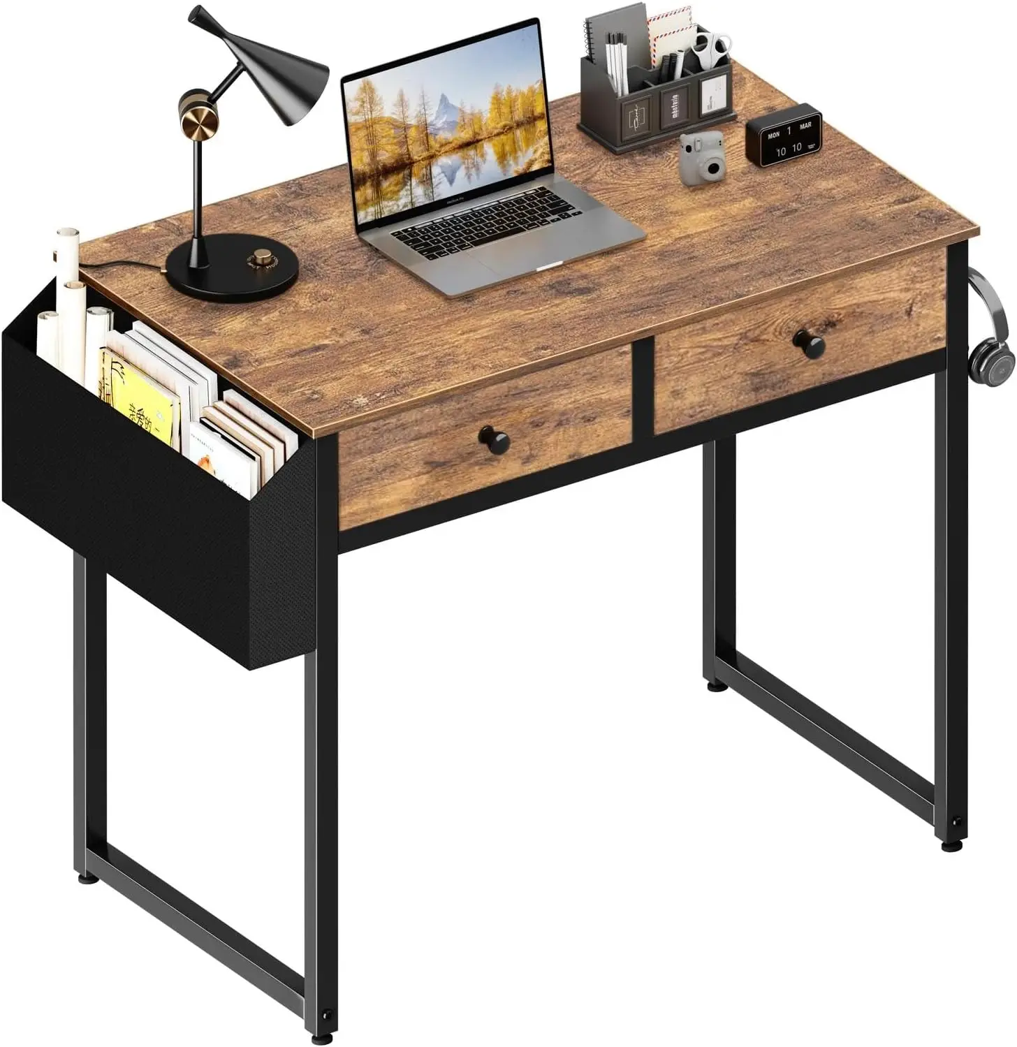

31 Inch Rustic Brown Small Computer Desk with 2 Fabric Drawers and Storage Bag for Bedroom Office Study