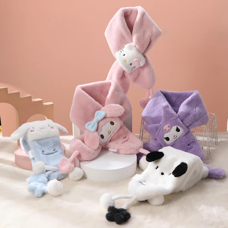 Kawaii Sanrio Hello Kitty Plush ผ้าพันคออะนิเมะ Kuromi Cinnamoroll Melody นุ่มสาว Plushie หนาผ้าพันคอเด็กของขวัญ