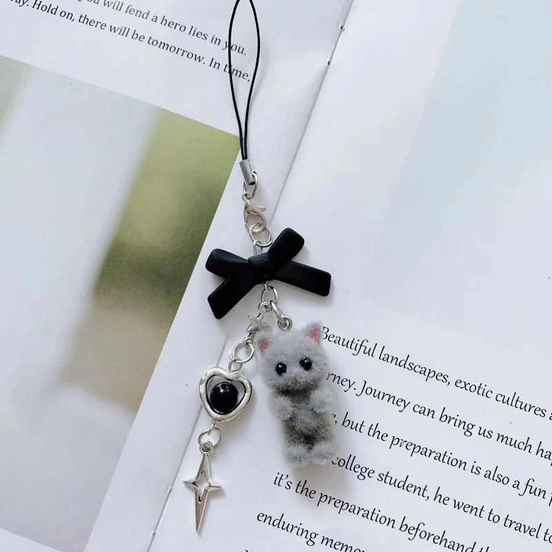 Cute Flocking Cat Keychain Love Phone Pendant Headphone Case Charm Bag Decoration Car Key Ring Jewelry Gift