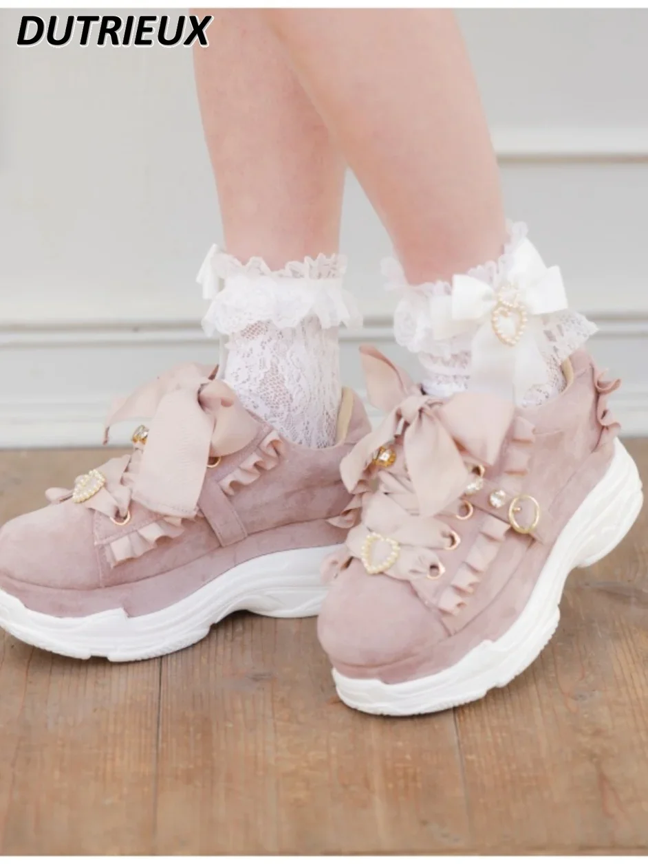 Japanese Sweet Lolita Heart Shape Rhinestone Bowknot Platform Sneaker Spring and Autumn Sweet Pink Casual Shoes Women\'s Shoes