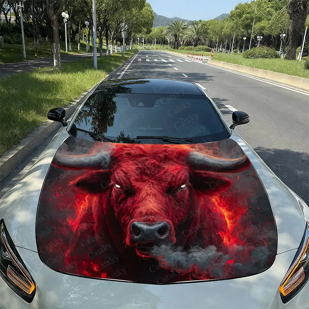 Car Hood Film,Flame Red Cattle Pattern Car Sticker-suitable For Most Car Models Of Vinyl Film,external Accessories;Bubble Free D