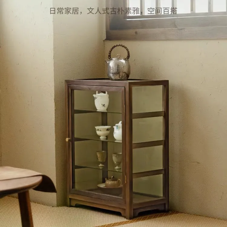 Transparent glass Wenwan display cabinet Floor-to-ceiling integrated walnut storage cabinet Desktop solid wood storage cabinet