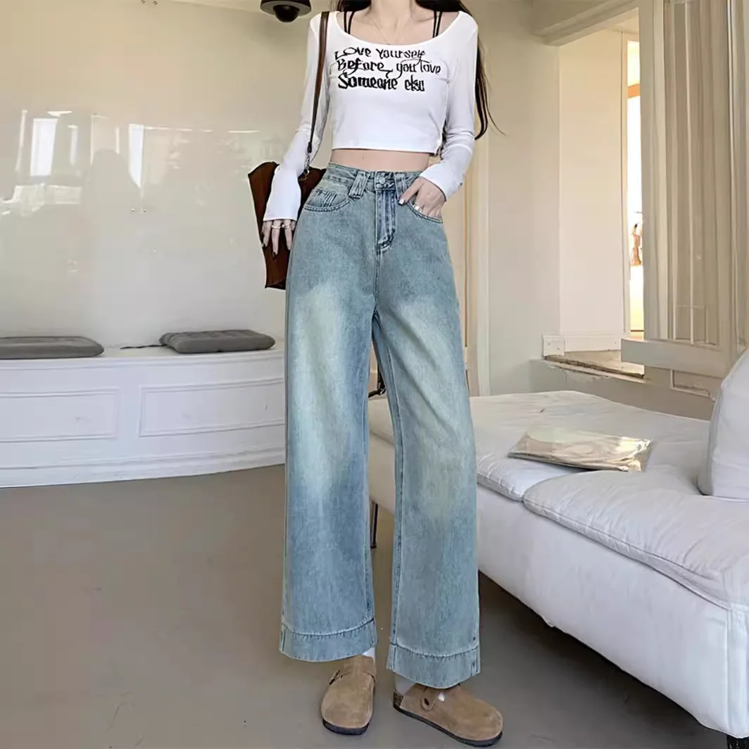 Ontwerp losse rechte broek met wijde pijpen dames lente Koreaanse versie buitenlandse stijl skinny hoge taille lichtblauwe jeans