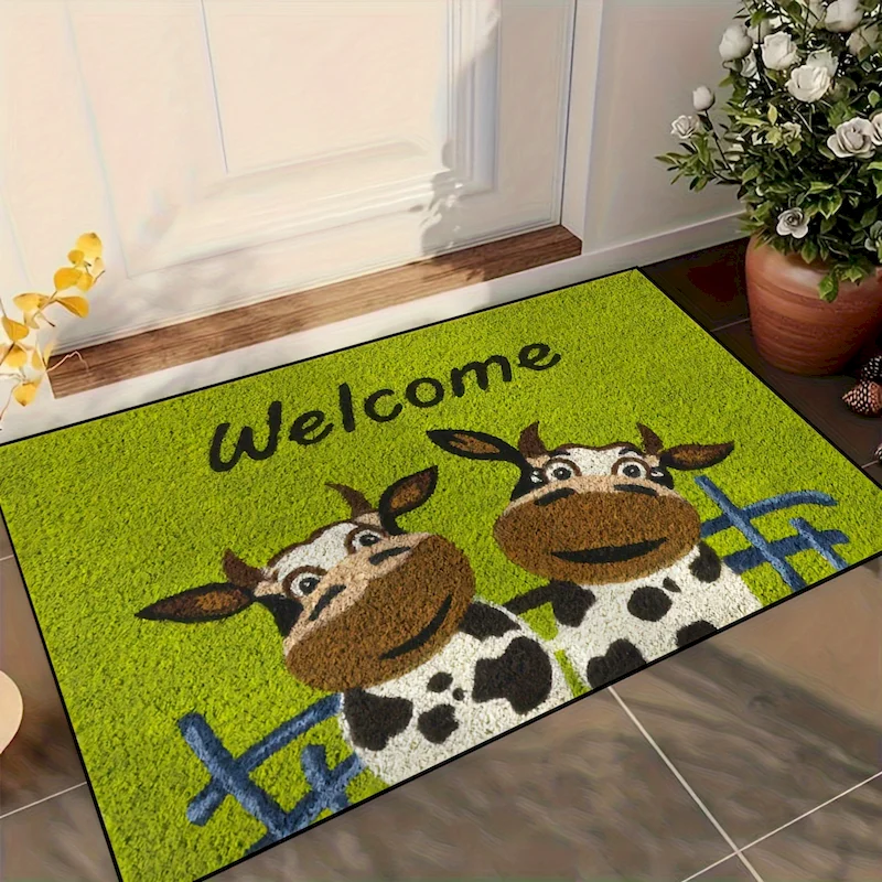 VIKAMA Cartoon Double Cow Welcome Pattern Door Mat Soft Water Absorbing Anti Slip Floor Mat Bedroom Interior Home Decoration