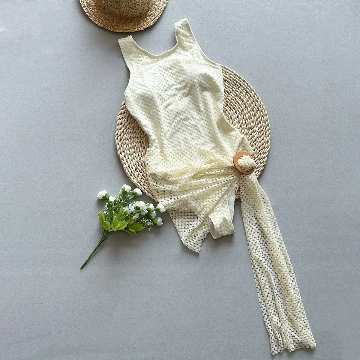 

2025 New Women Vacation Beachwear Mesh One-Piece Suit with Skirt Cover-Up Backless Swimsuit Sexy Hollow Out Ring Decor Swimwear