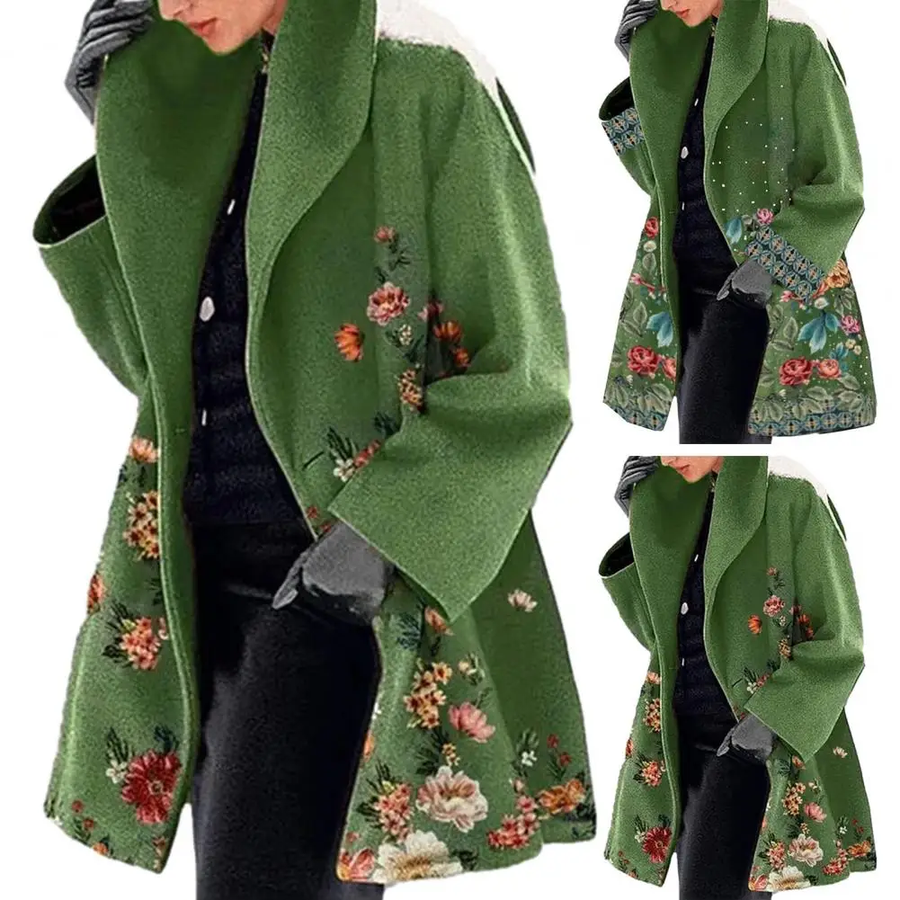 Frauen Jacke Blumen druck lose Langarm mittellangen Turn-Down-Kragen Cardigan Mantel