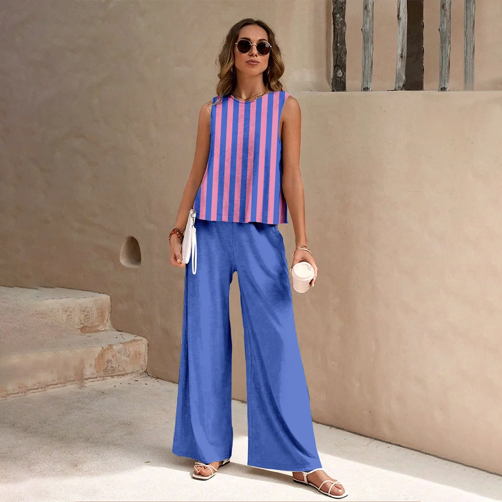 Casual Women\'s Striped Print Suit Clothing Tank Top And Trousers 2 Piece Outfits Summer New O-neck Vest Wide Leg Long Pants Set