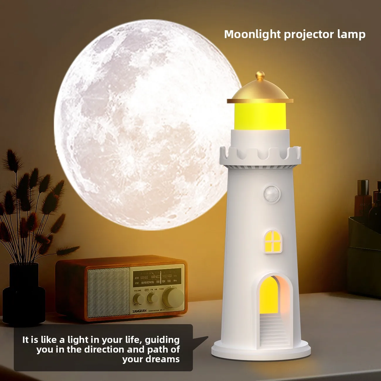 Moonlight Lighthouse Projection Human Body Sensor Night Light Ambience Lamp Creative Table Lamp Decoration