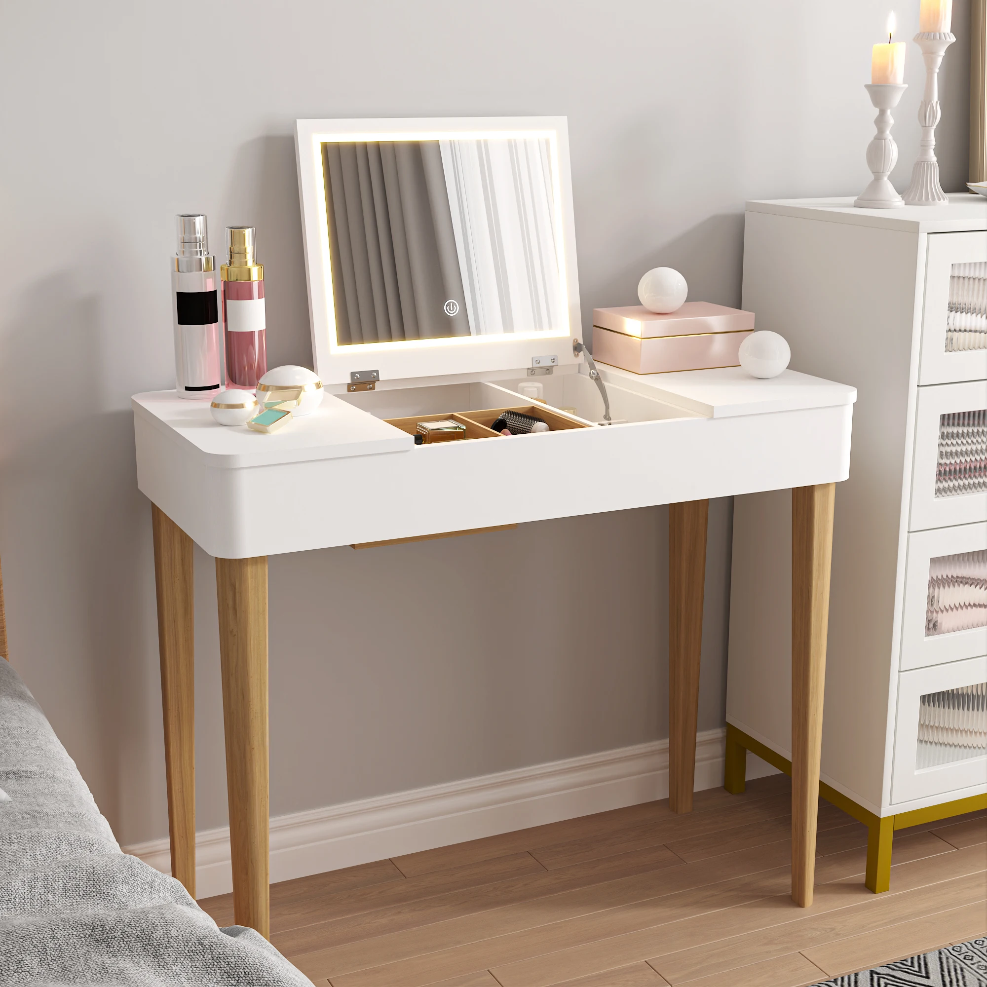Coiffeuse avec miroir, coiffeuse avec lampe, pieds en bois massif blanc 51