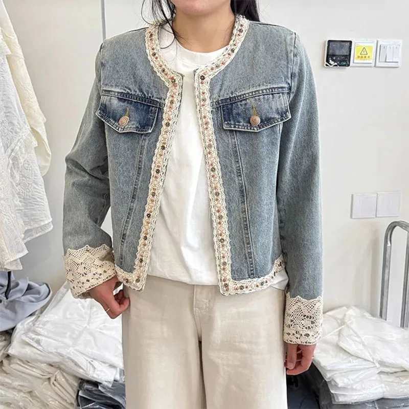 

Ladies Spring And Autumn New Fashion Loose Joker Unique Casual Denim Jacket New Lace Short Temperament Denim Cardigan Coat