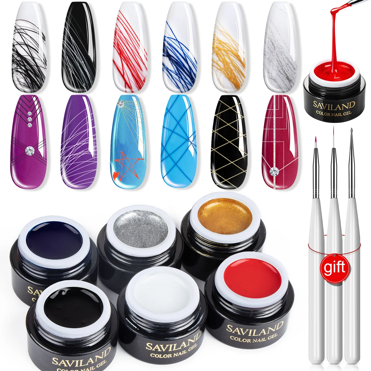 

SAVILAND 6pcs 6ml Spider Drawing Gel Nail Polish UV Painting Outline Gel Varnish White Black Red Blue Gold Silver For Manicure