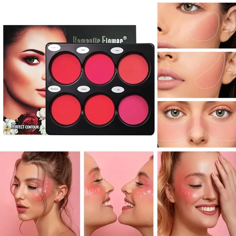 Paleta de maquiagem blush de 6 cores, fosca, à prova d'água, de longa duração, natural, boa tez, fácil de usar, sombra de olhos, maquiagem facial coreana