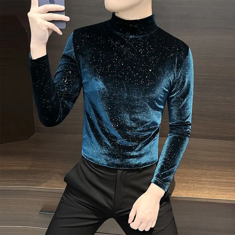 2026 New Arrival Men's Velvet Long Sleeve T-Shirt Slim Fit Mock Neck Top Autumn Winter Casual Base Layer Tee for Men