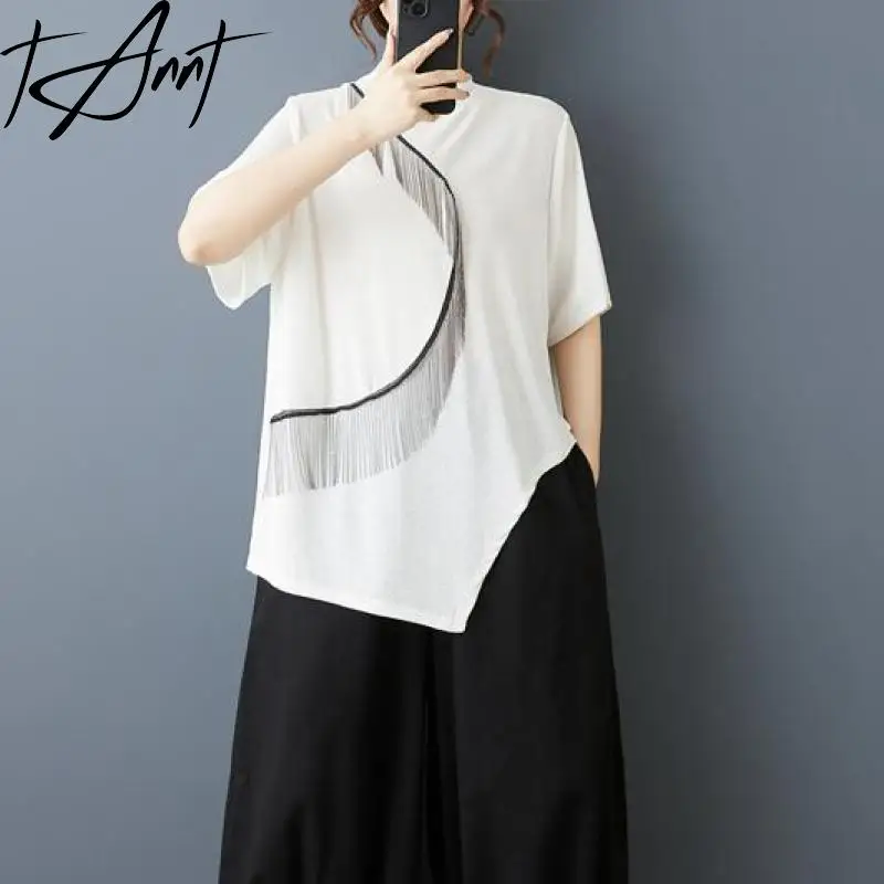

Tannt Women T Shirt Asymmetrical Tassel Patchwork Turtleneck Long T Shirt Tops Irregular Color Matching Black White Long Tshirt