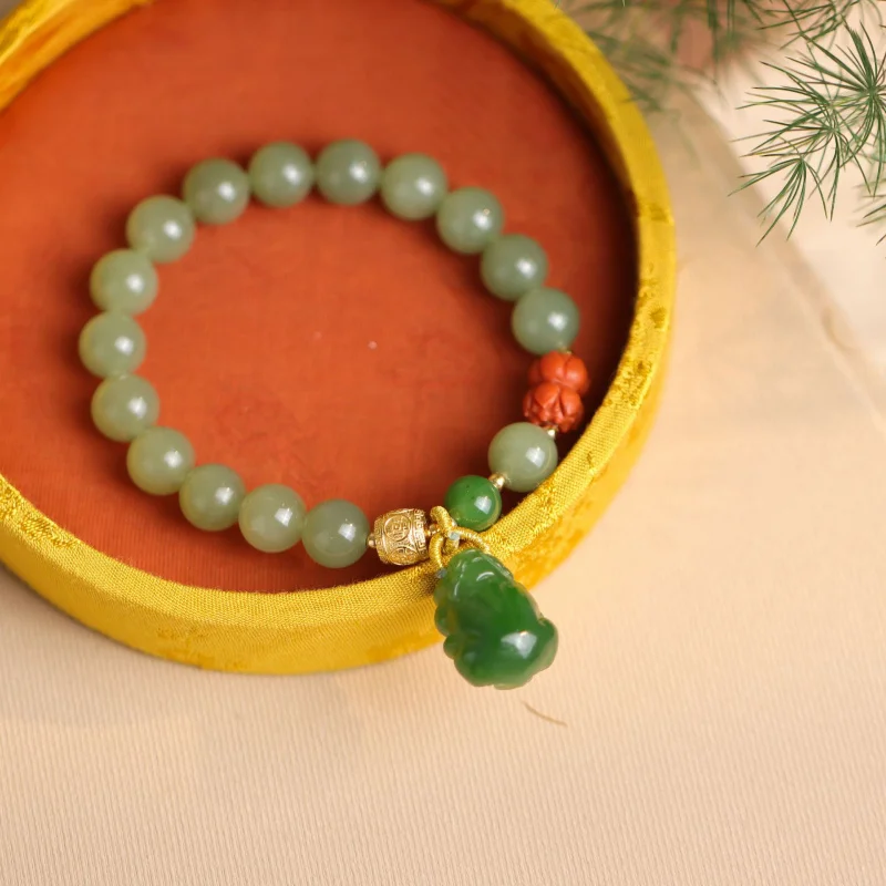

Hetian Green Jade Round Bead Large Pixiu Handmade Bracelet