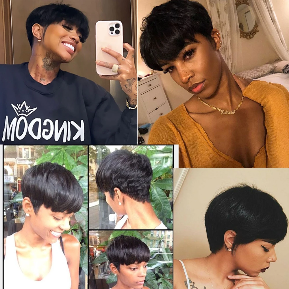 ショートストレート人毛ウィッグ ピクシーカットウィッグ ブラジル産レミーヘア 生え際がプレプラッキングされた女性用ウィッグ 機械製 100%人毛