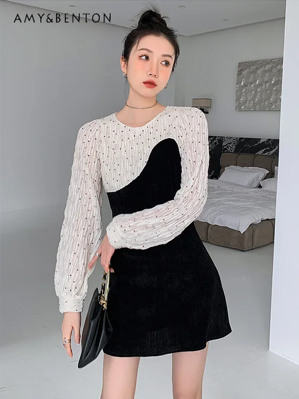 

French Temperament Patchwork Splicing Corduroy Mini Dress High End Hepburn Style Birthday Party Dresses Women Autumn and Winter