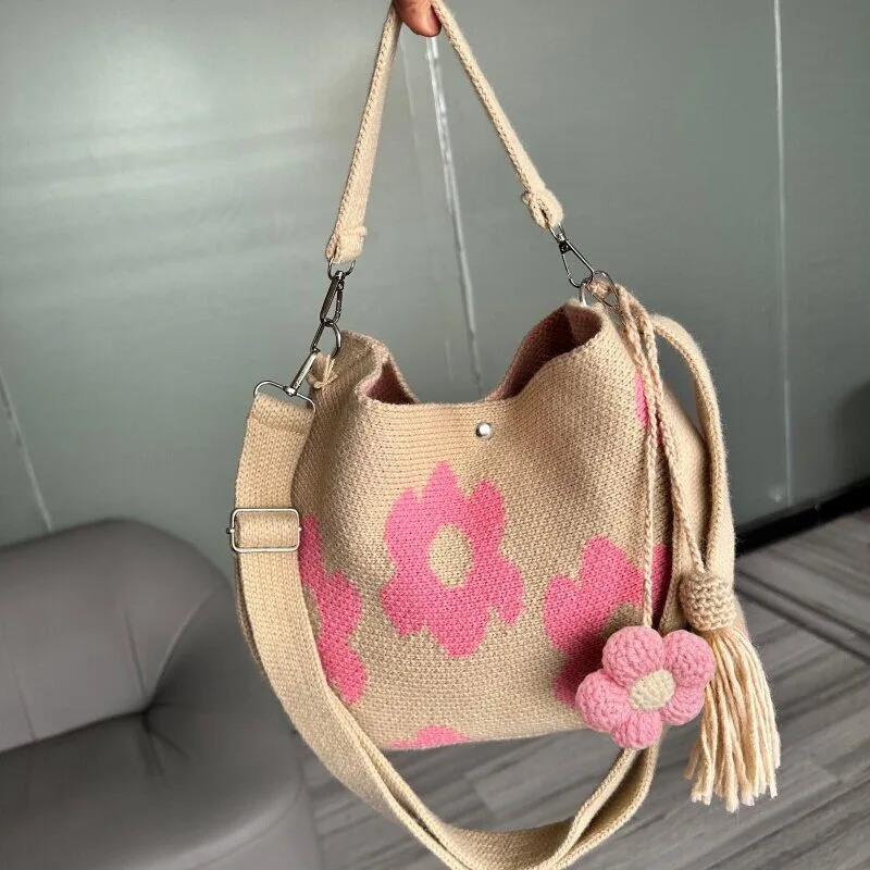 Handmade Crochet Bag Flower Tote Knit Floral Purse Bag, Boho Woven Beach Handbags Crossbody Shoulder Bag for Women Vacation image 5