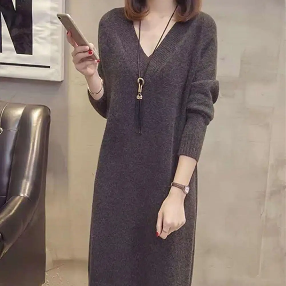 Women Sexy Knit V-neck Reverse Neck Split Dress Autumn Winter Full Sleeve Elastic Basic Body Sweater Pullover Lady Midi Dress