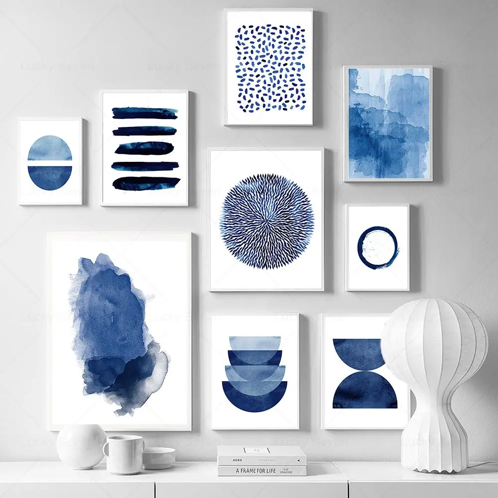 Pintura en lienzo abstracta azul marino, arte de pared, impresiones modernas escandinavas, póster minimalista geométrico, cuadro