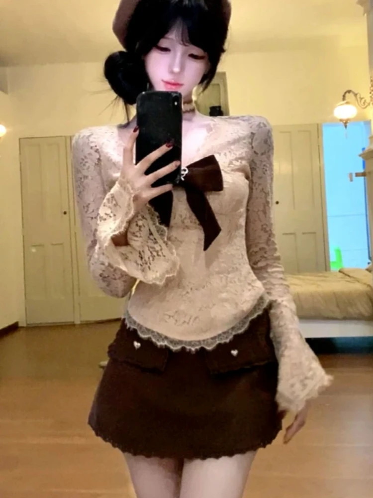 Harajuku Y2K الجمالية Harajuku البدلة الرجعية طويلة الأكمام بلايز تنورة خمر قطعتين مجموعة مساء حفلة الخريف سليم صالح أنثى جديد #2